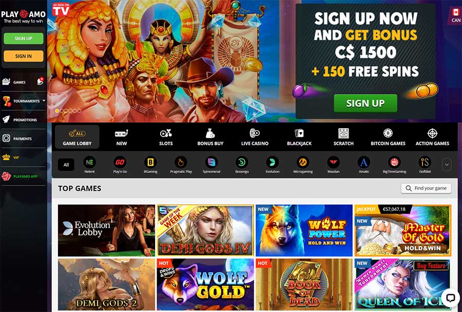 Playamo casino homepage for Canadian players